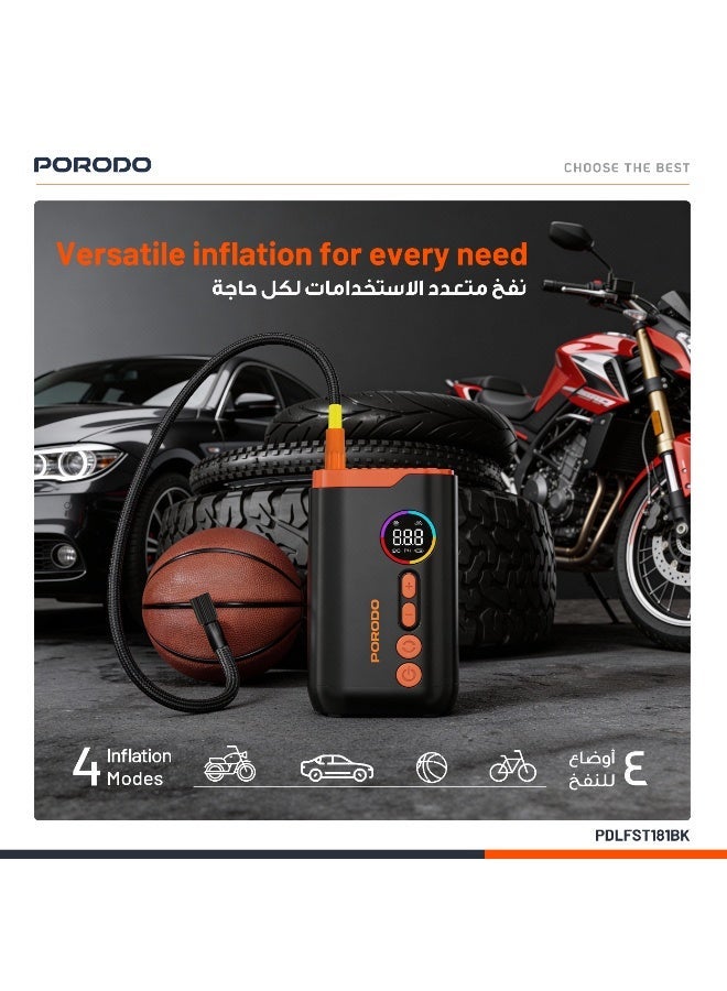 porodo Lifestyle Electric Air Inflator with 4 Inflation Mode and Heat Dissipation / High-Pressure Power /  Ultra-Compact Pump / Portable Inflator - Black - Image 3